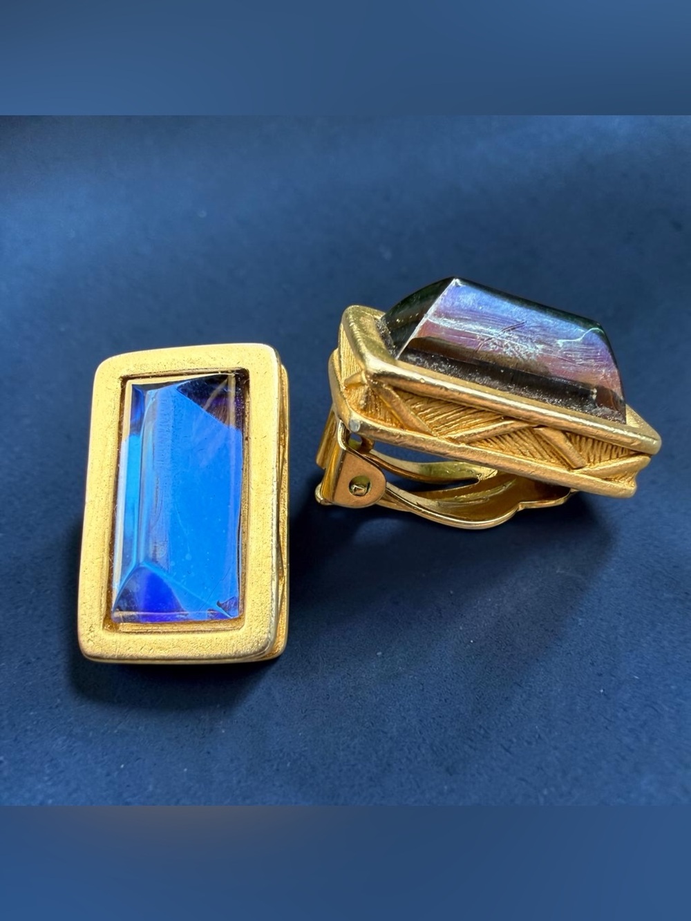 Vintage Givenchy Blue Prism Couture Gold Tone Clip Earrings Etched Herringbone